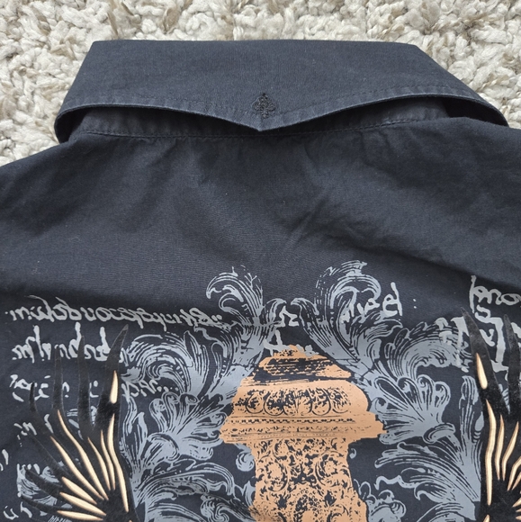 Vintage Code 7 Mens Button-up Casual Black Velvet Eagle Biker Rock Retro Sz L - Picture 8 of 12